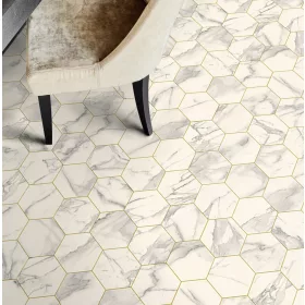   Tekercses vinyl (PVC), "MARBLE BIANCO" gold, modern, hexagon csempe mintás, 200cm