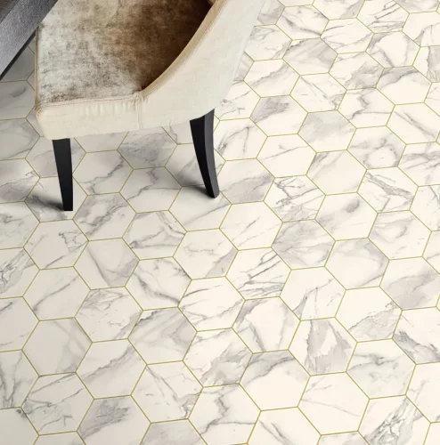 Tekercses vinyl (PVC), "MARBLE BIANCO" gold, modern, hexagon csempe mintás, 200cm
